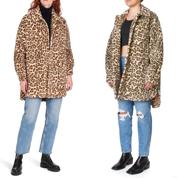 STAND STUDIO SABI CLASSIC LEOPARD FAUX FUR TEDDY OVERSIZED COZY SHACKET JACKET - Picture 1 of 16